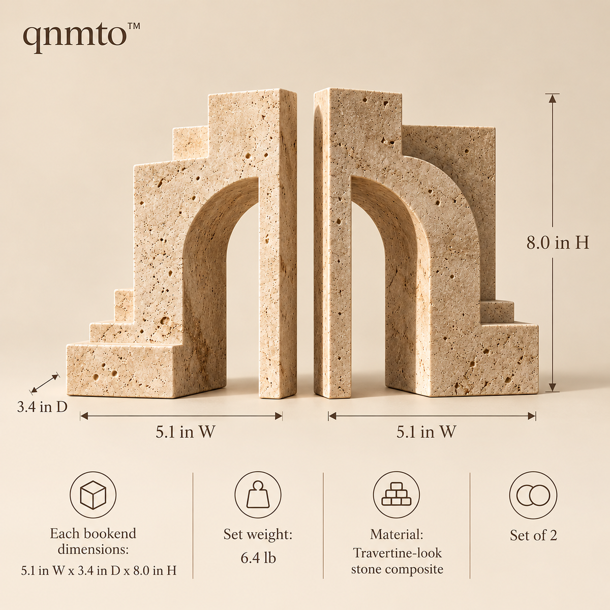 qnmto™ Monument Arch Sculptural Bookends - dimensions and weight