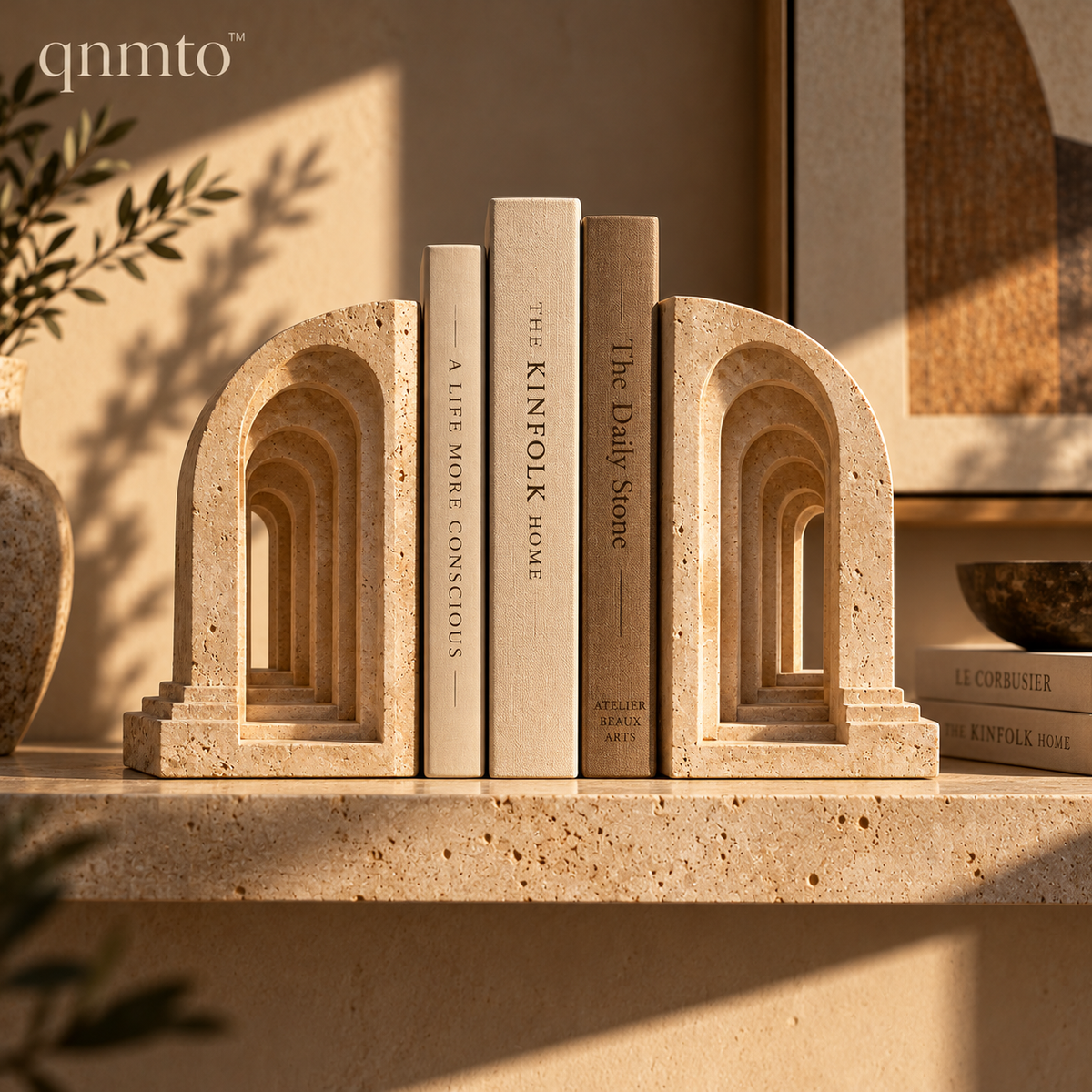 qnmto™ Vaulted Corridor Sculptural Bookends - styled with books