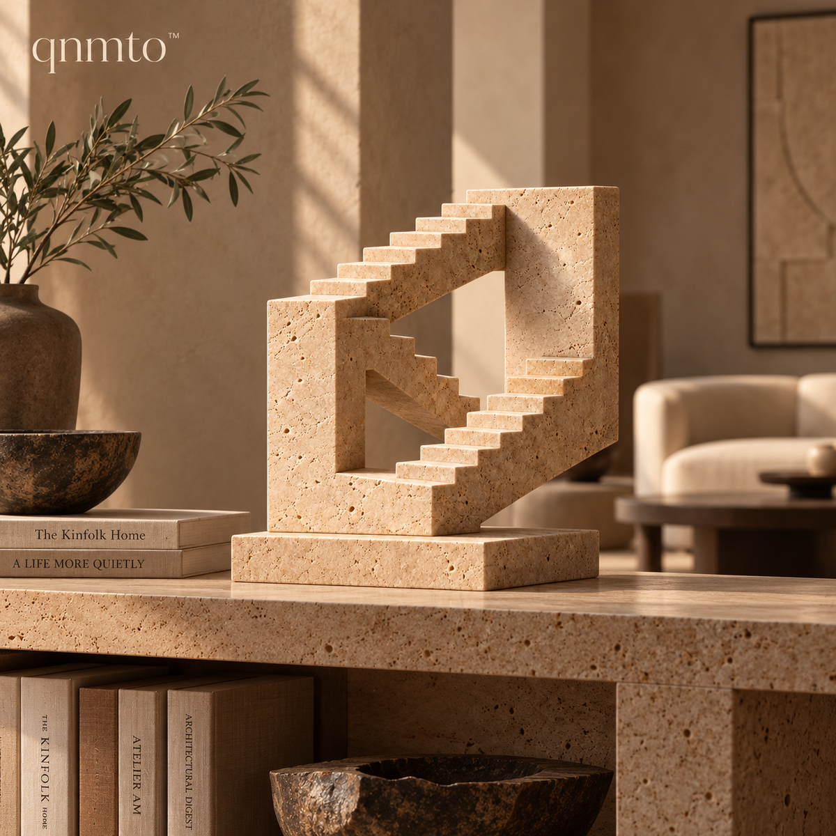 qnmto™ Endless Stair Architectural Sculpture styled in a warm brutalist interior