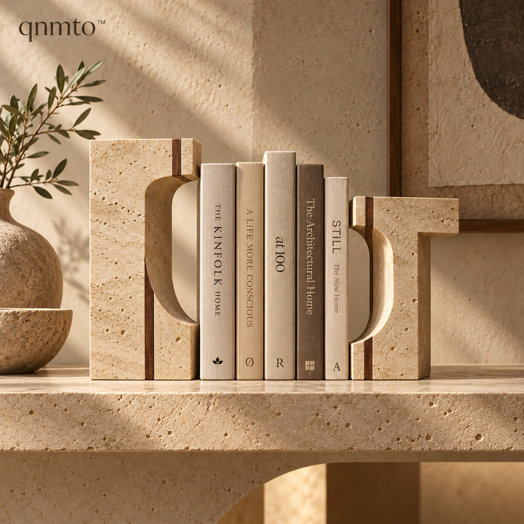 qnmto™ Twin Portal Architectural Bookends - styled with books